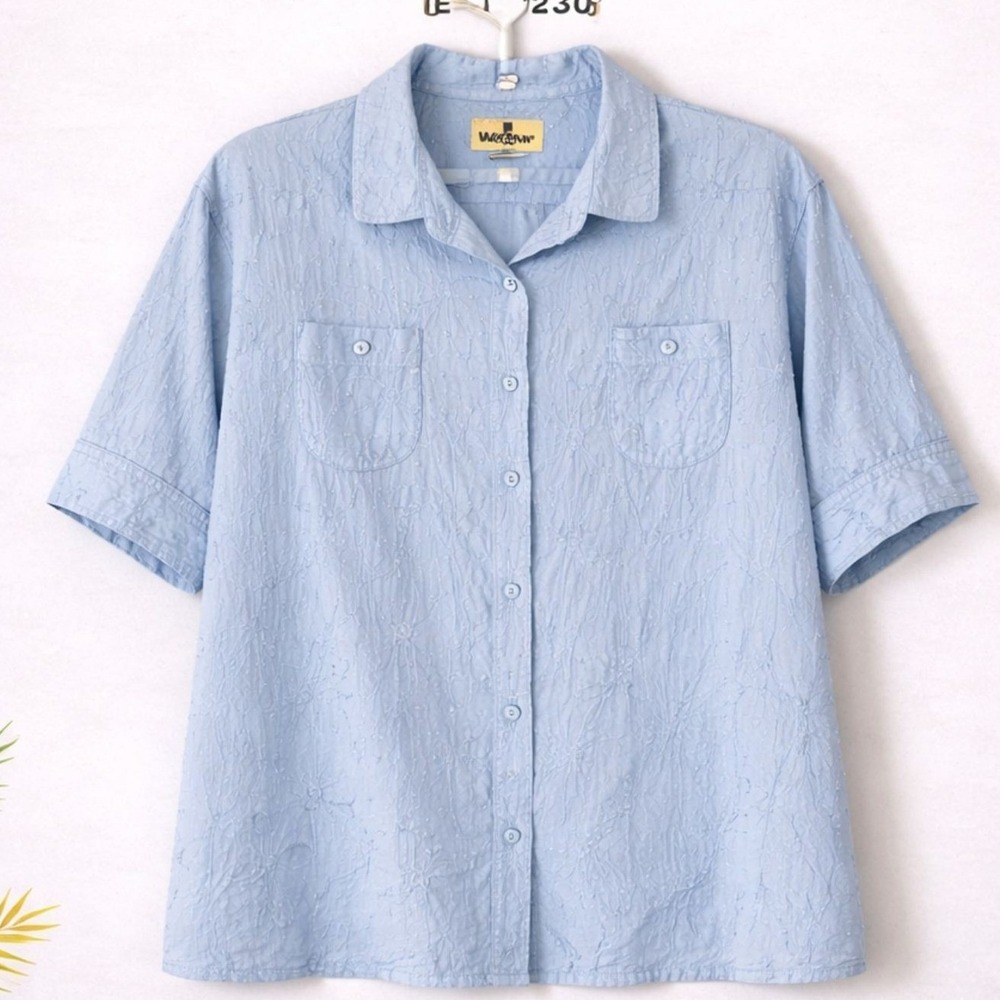 Vintage Woolrich Women's‎ Baby Blue Textured Floral Cotton Shirt XL